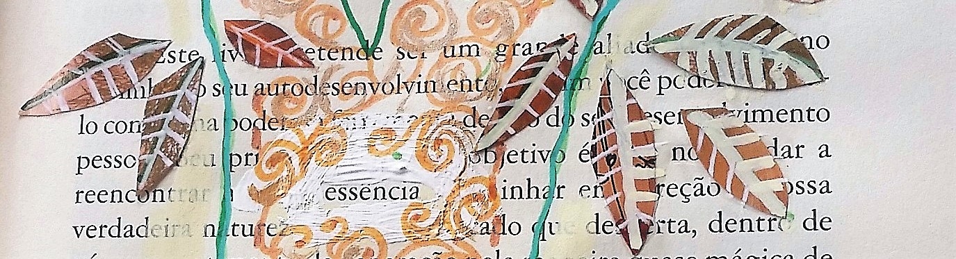 corte de revista em forma de folhas coladas sobre um livro escrito, onde só aparece a palavra "essência".